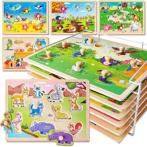 Image of SYNARRY Wooden Puzzles for Toddlers 1-3, 6XSET Animals Puzzles for Toddlers 2-4 with Rack, Toddler Puzzles Ages 2-4, Kids Learning Educational Montessori Toys, Easter Basket Stuffers for Boys Girls