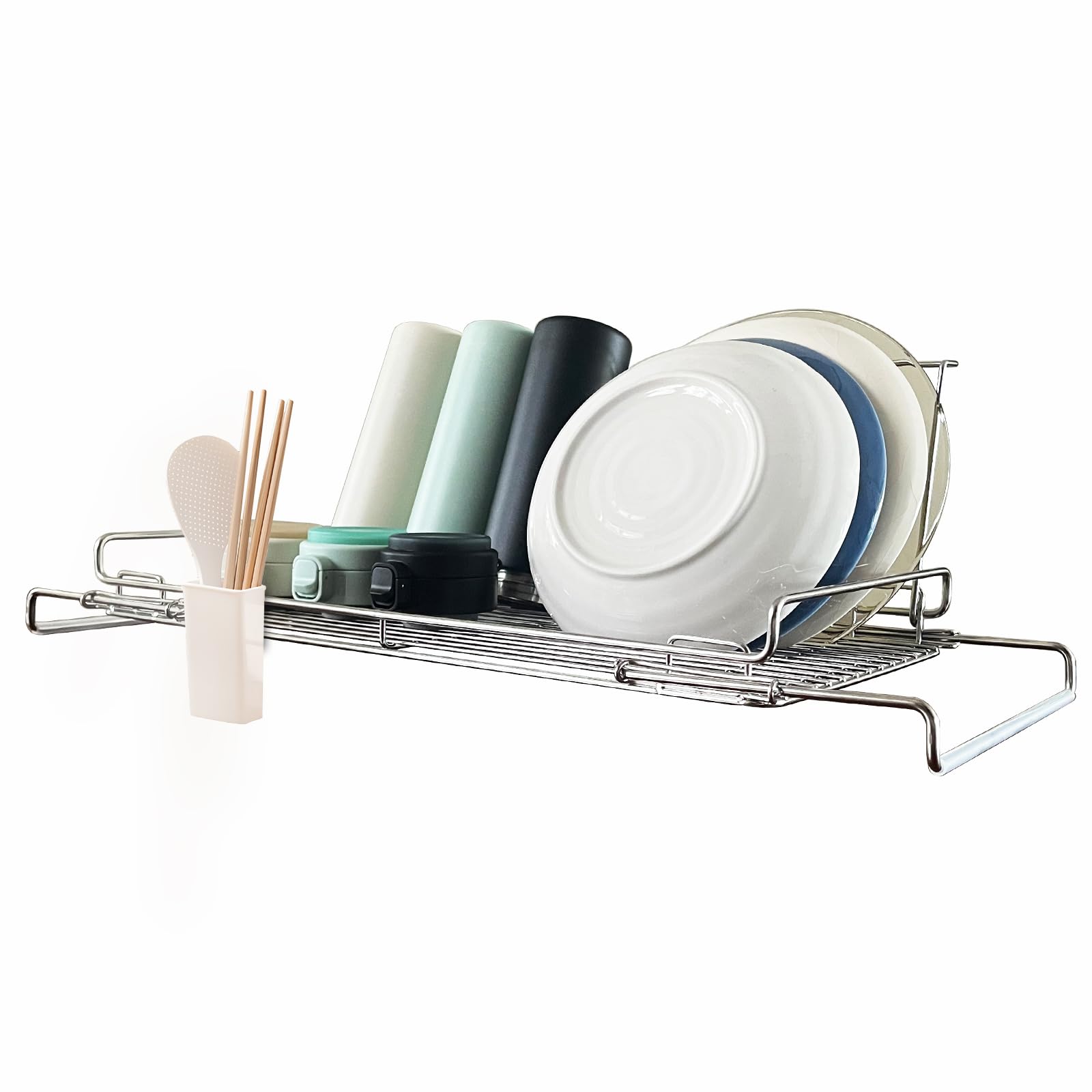 Poywaze Stainless Steel Dish Drying Rack for Kitchen Sink, Adjustable Side Supports 48-60cm, Foldable Low Profile Dish Drainer for Countertop & Over Sink Use