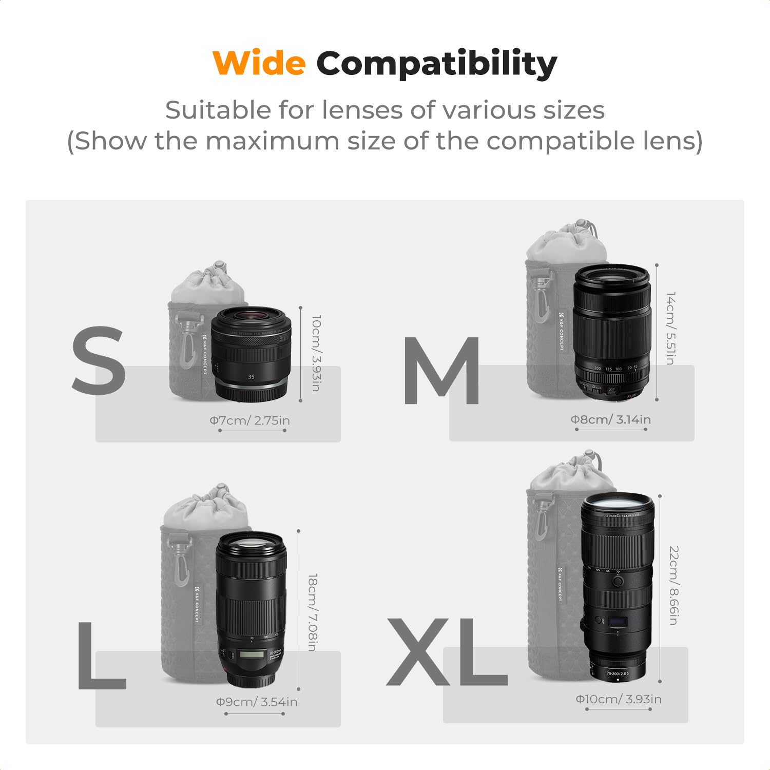 K&F Concept Objektivtasche, Objektivbeutel für Kameraobjektive in 4 Größen, weiche Objektivtasche mit Kordelzug für Canon, Nikon, Sony, Fuji, Sigma, Geeignet für tägliche und professionelle Fotografie