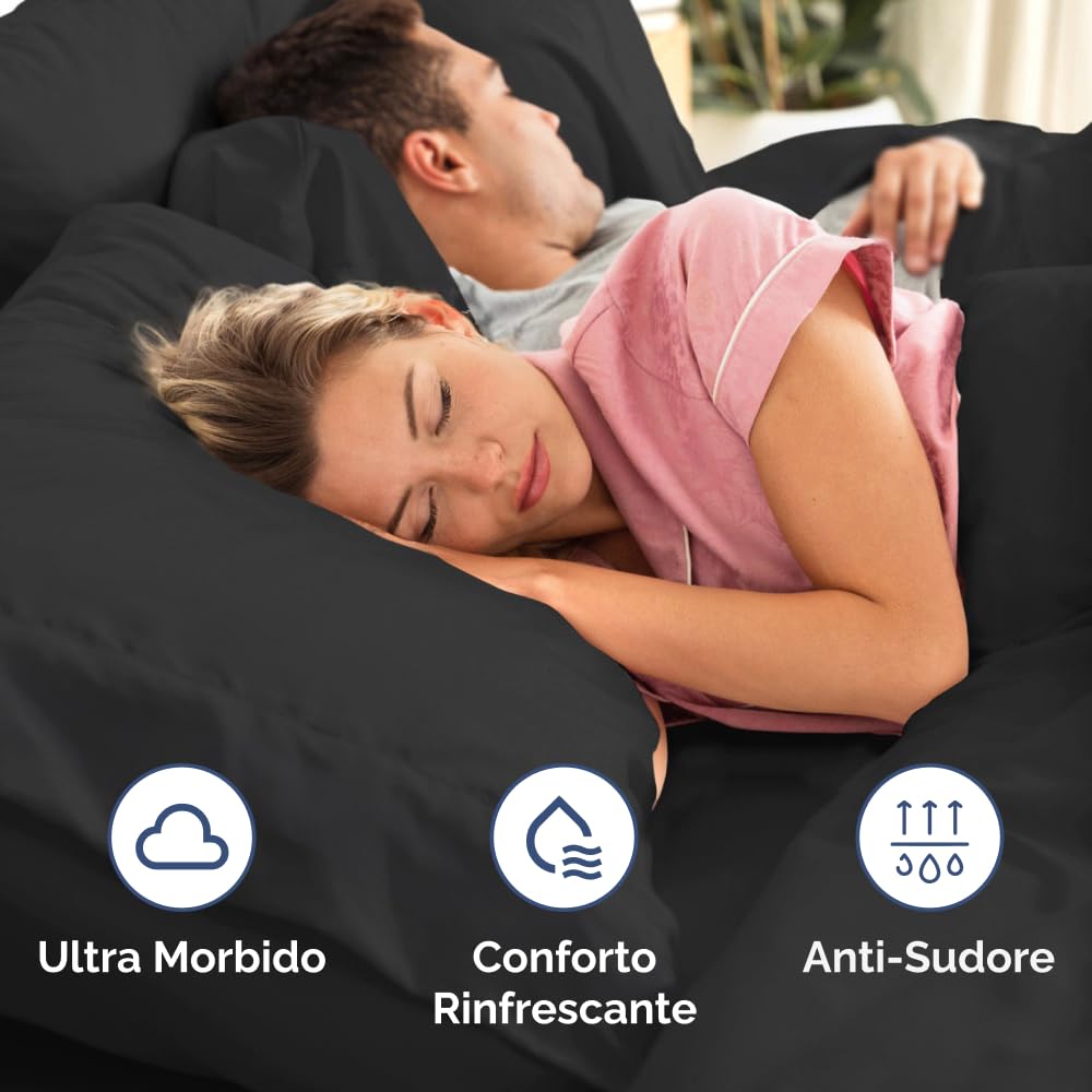 Set lenzuola una piazza e mezza 4 pezzi 135x190 cm - morbida microfibra spazzolata, traspirante e certificata OEKO-TEX - lenzuolo con angoli, lenzuolo piatto 225x255 e 2 federe 50x80 - Nero