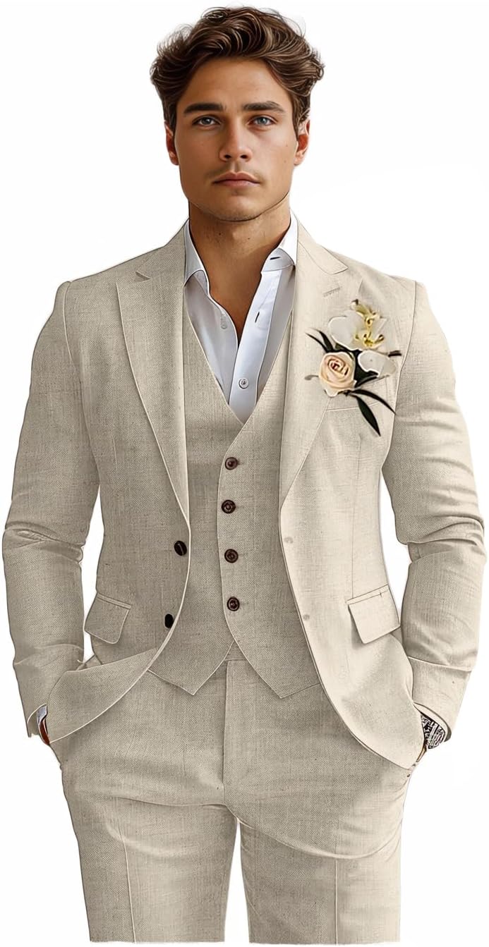 Linen Mens Suits 3 Piece Slim Fit Tuxedo Suit for Men Beach Wedding Formal Business Suit Groom Prom Set Outfits