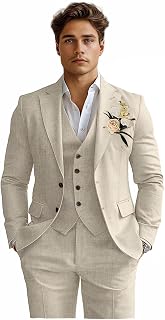 Linen Mens Suits 3 Piece Slim Fit Tuxedo Suit for Men Beach Wedding Formal Business Suit Groom Prom Set Outfits