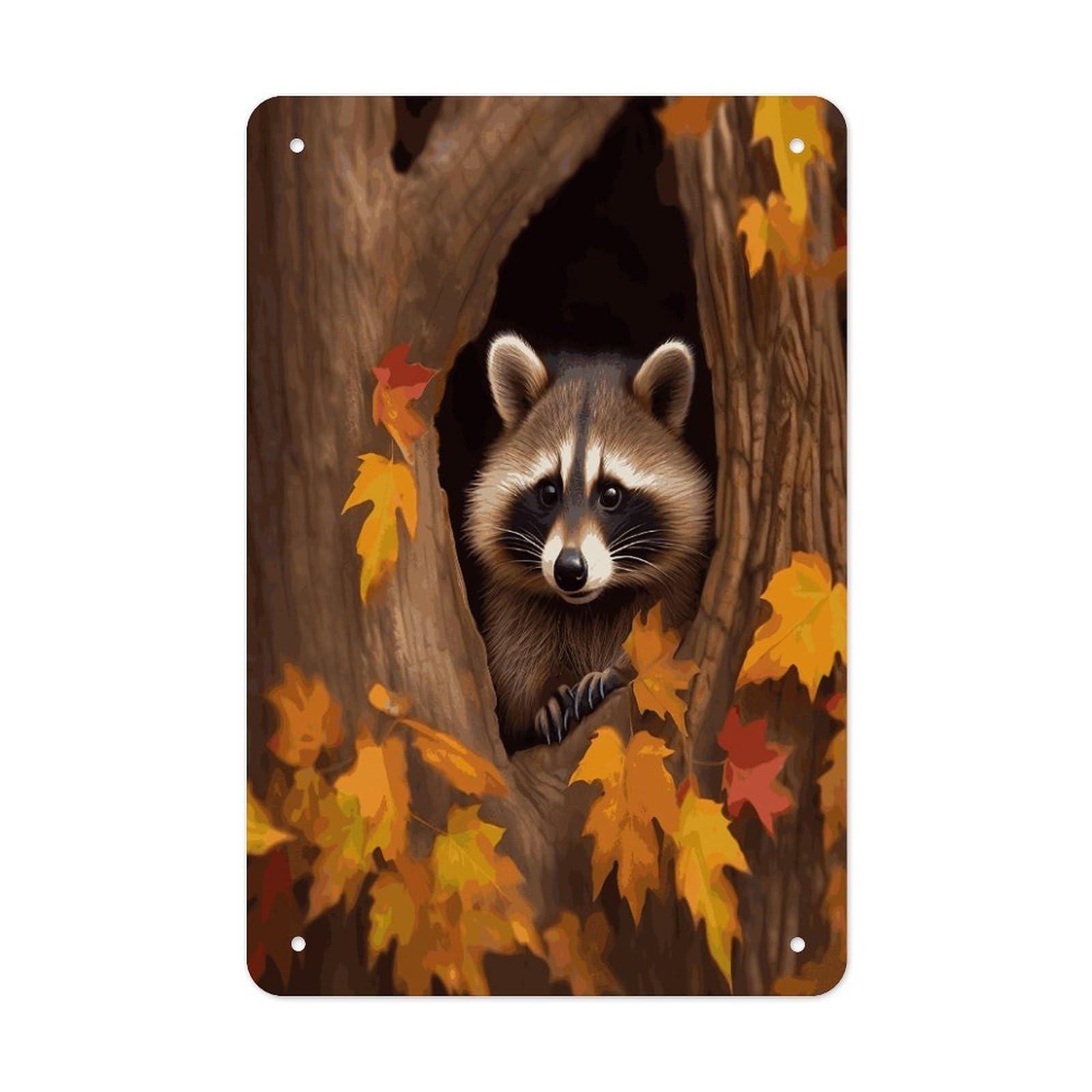 LDGSUPH Raccoon in The Fall Tree Hole Wall Art Prints Folded Edge Iron Sheet Painting with Holes for Wall Prints Decorative Picture Metal Signboard Decor Painting for Outdoor Indoor Wall Decor