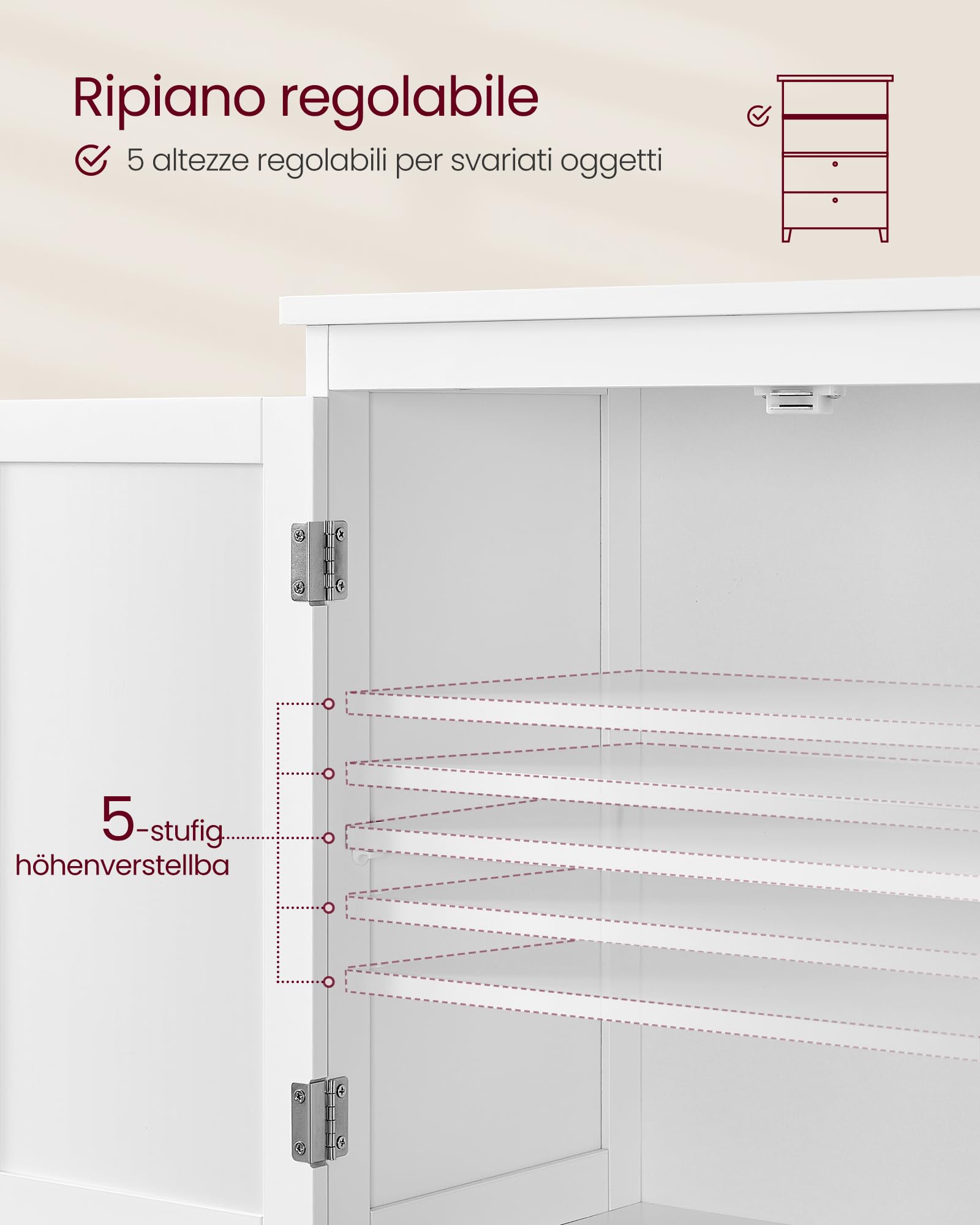 VASAGLE Mobile da Bagno, Mobiletto da Bagno, Credenza da Cucina, Armadietto con 2 Cassetti e 2 Ante, Ripiano Regolabile, 30 x 60 x 110 cm, Bianco BBC551P31