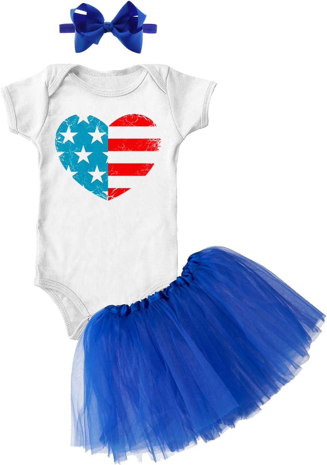 Distressed Heart American Flag - USA Baby Bodysuit + Tutu Skirt + Bow Headband Set