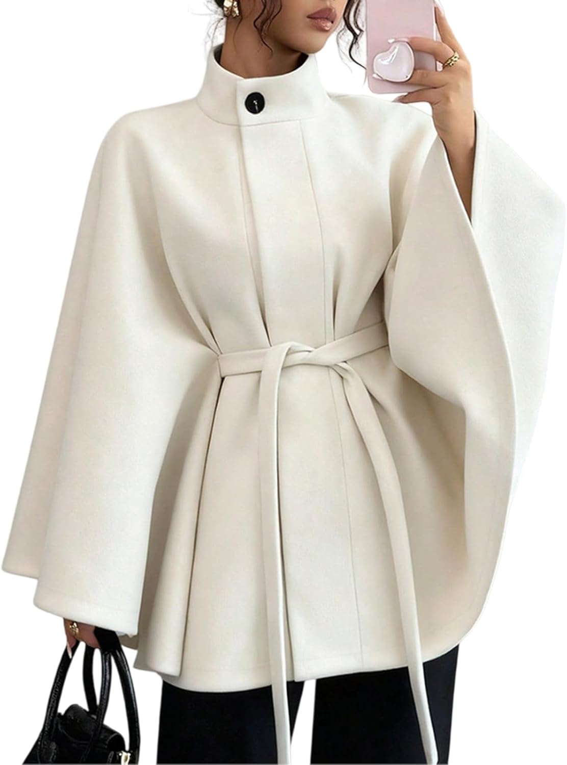 Women's Dolman Sleeve Cape Coat Jackets,Stand Collar Belted Cloak Cape Wool Blend Coat,Fall Winter Ponchos Pea Coat