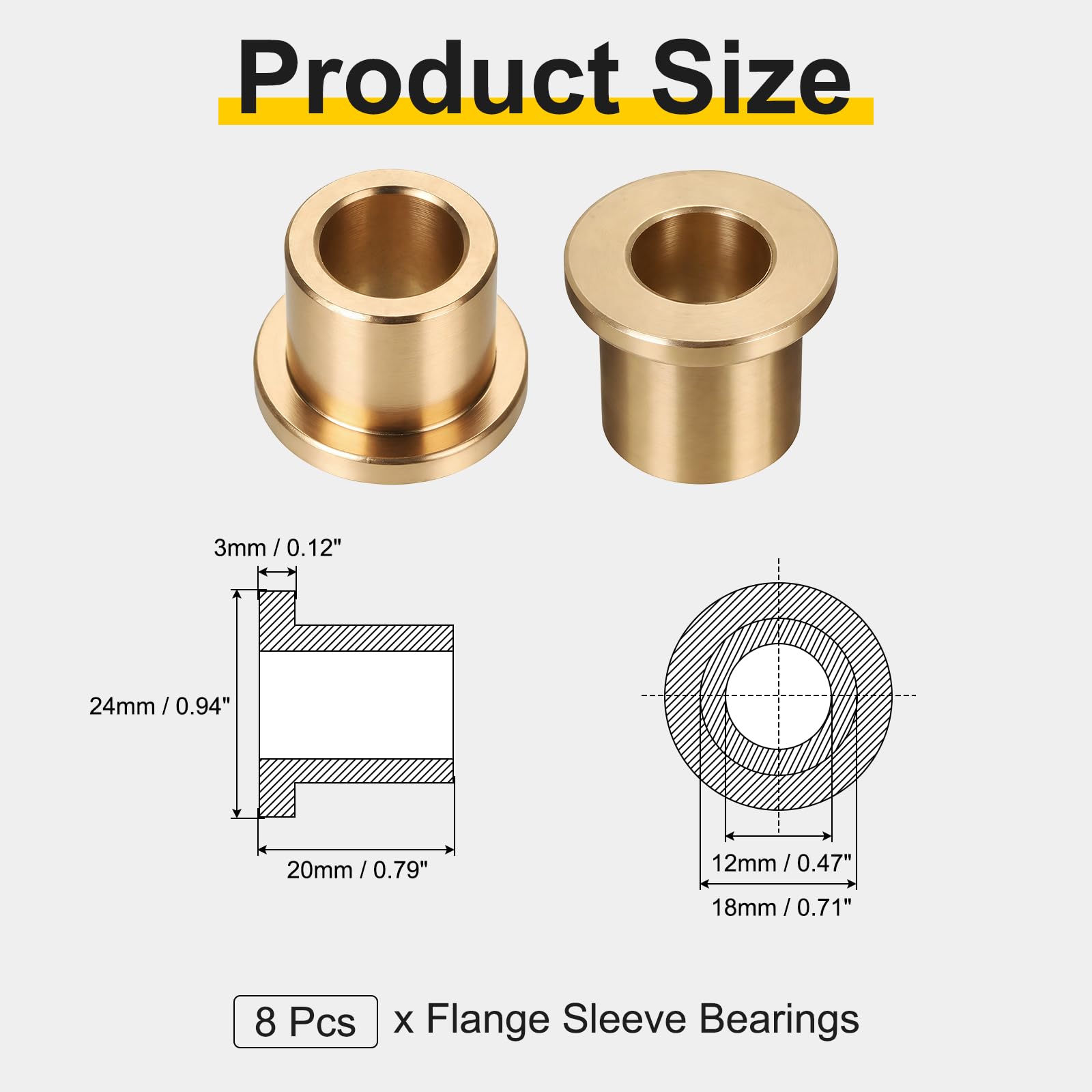 QUARKZMAN 8 Stück Flansch Gleitlager Hülse, 12mm Bohrung x 18mm AD x 20mm Länge Flanschbuchsen mit 24mm AD 3mm Dike Flansch für Industrieanlagen