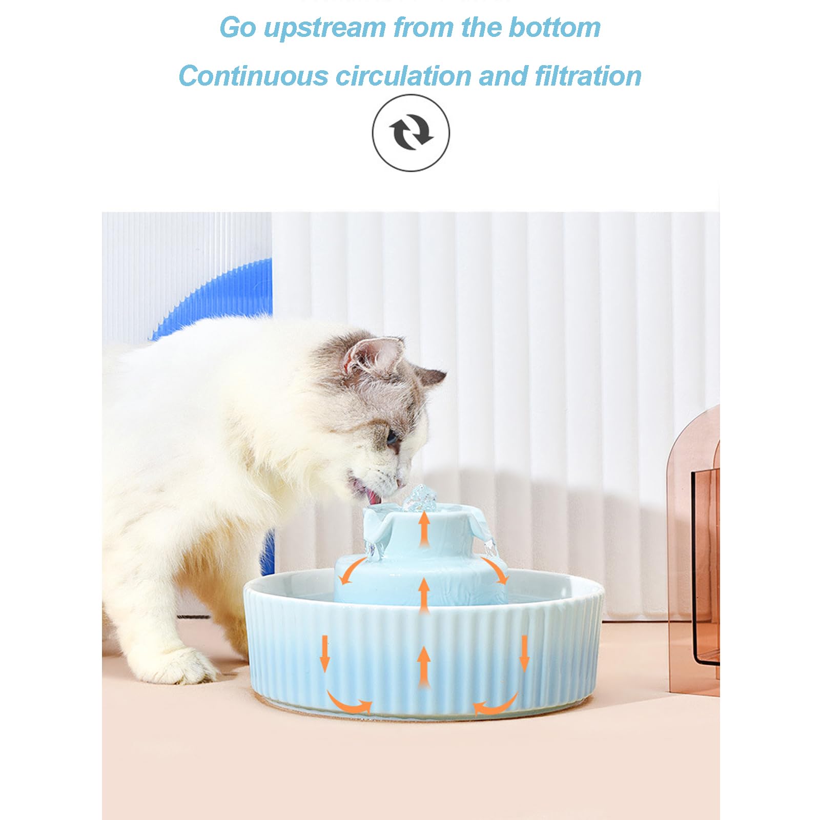 TsoLay Fontana per Gatti in Ceramica, Fontanella per Animali a Circolazione Automatica da 2,1 Litri con Pompa Silenziosa E Filtri di Ricambio, Flusso d'Acqua Silenzioso, per Gatti