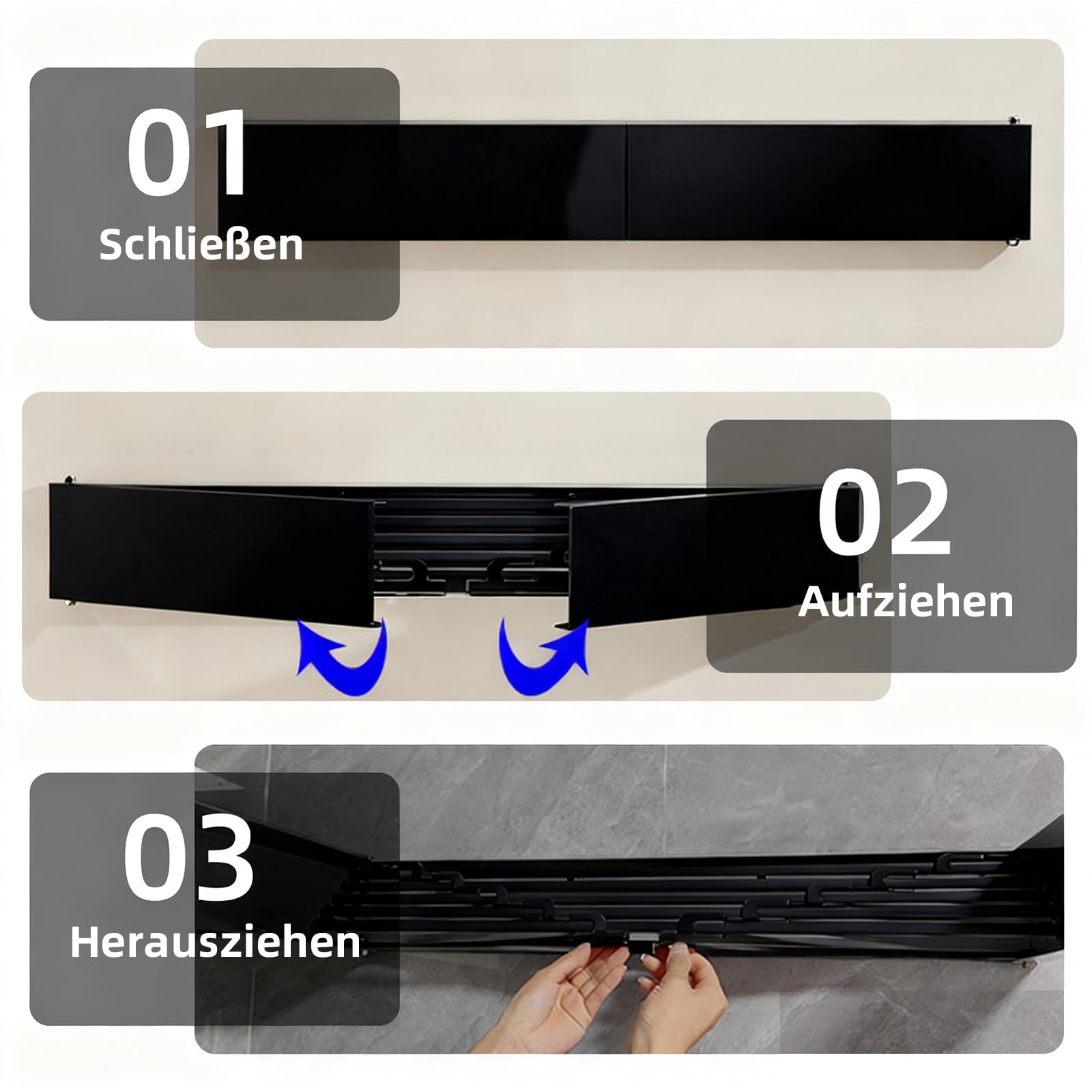 Stendibiancheria da parete con 4 aste, da 50 cm, allungabile, pieghevole, in acciaio al carbonio, salvaspazio, per bagno, balcone, terrazza (nero con gancio)