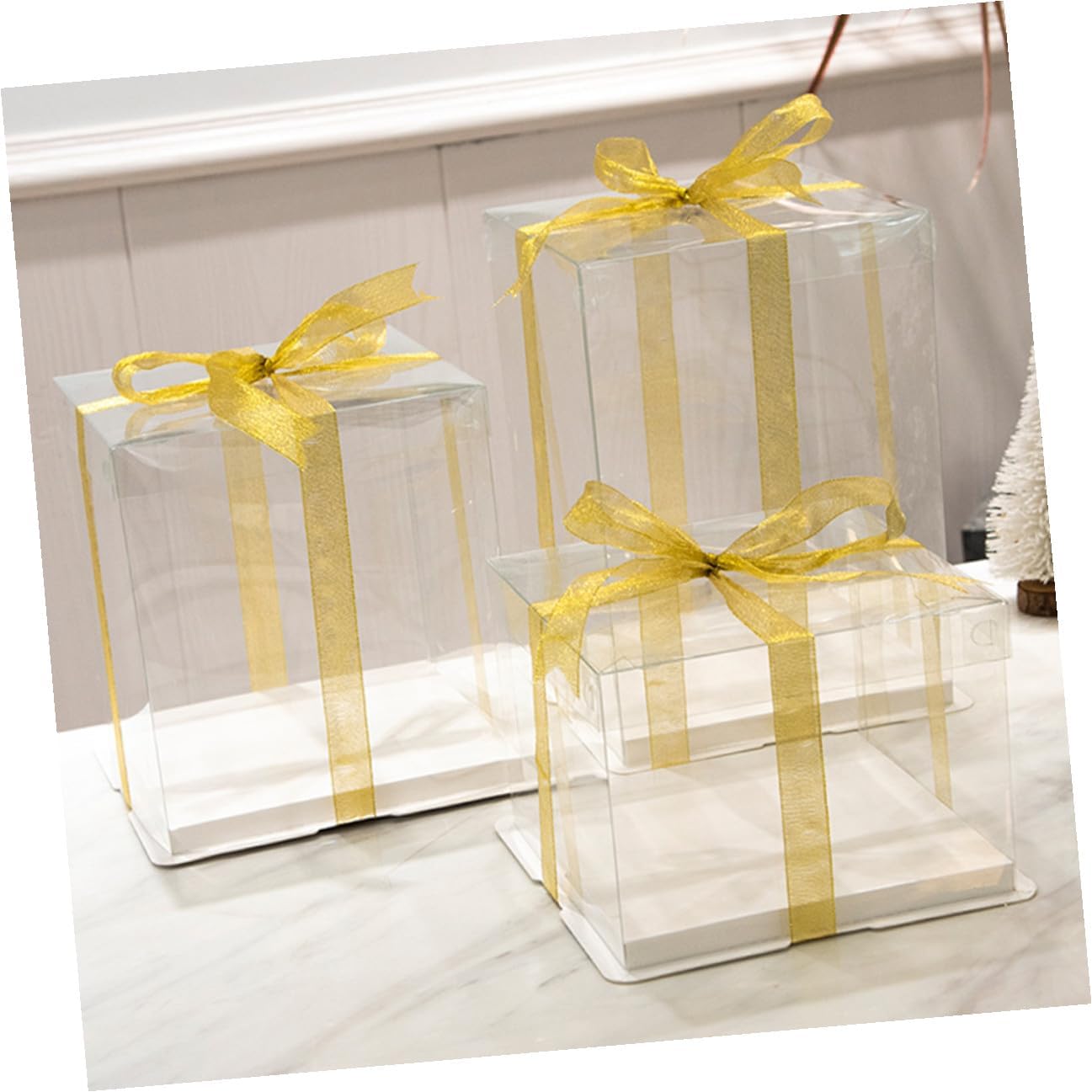 SAFIGLE 5pcs 8-inch High Cake Packing Boxes Square Single Layer Baking Cake Storage Containers with Random Ribbon for Birthday Party Packaging