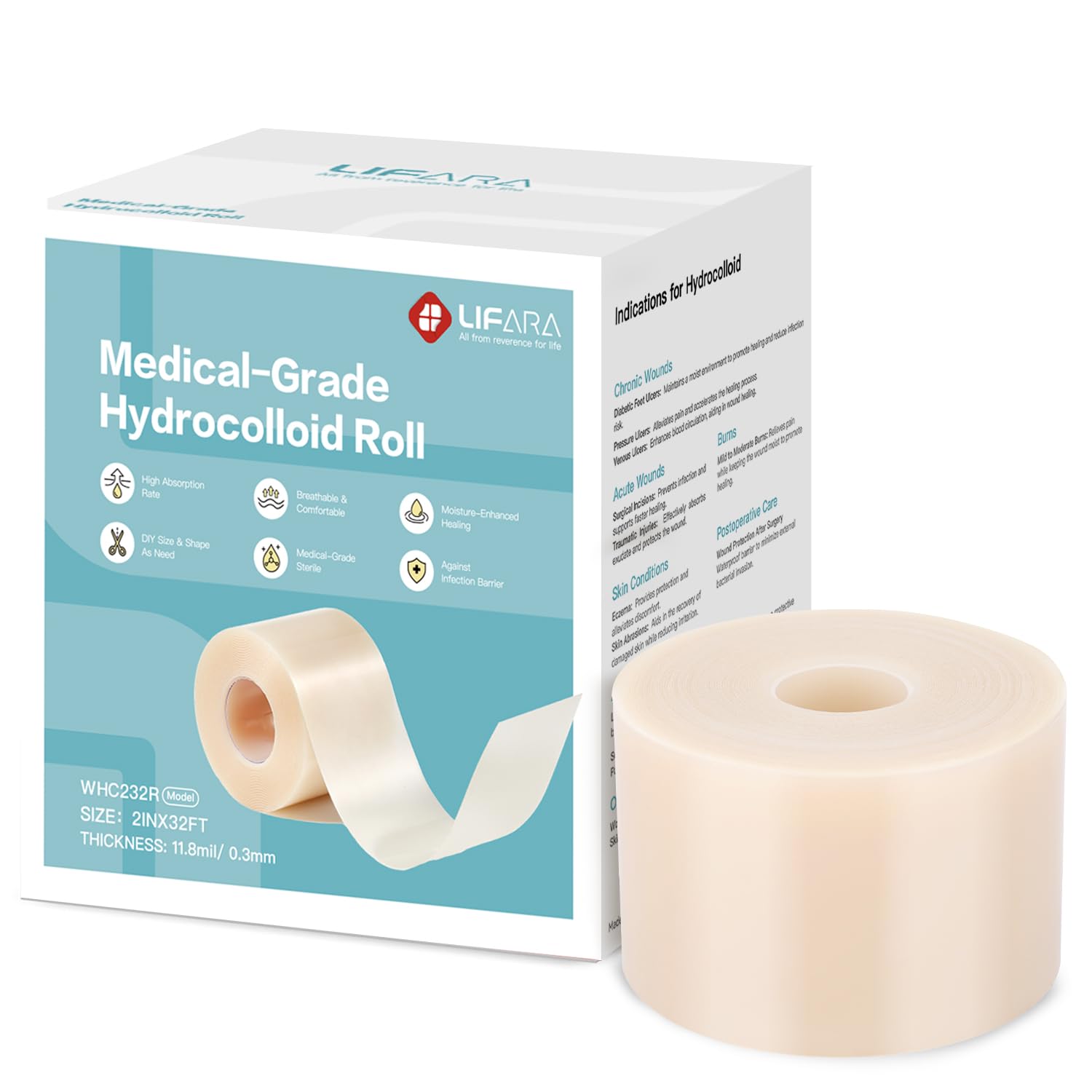 LIFARA Hydrocolloid Roll for Wound Care - Cut-to-Size, Hydrocolloid Patch Bandages with Self-Adhesive, Ultra Absorbent &amp; Waterproof, First Aid Kit Essential (11.8mil/ 0.3mm Thickness, 2in*32ft)