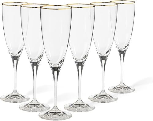 Casafina Glassware - Juego de 6 copas de champán de 7 onzas, colección Sensa, borde dorado, apto para microondas y lavavajillas, acristalamiento