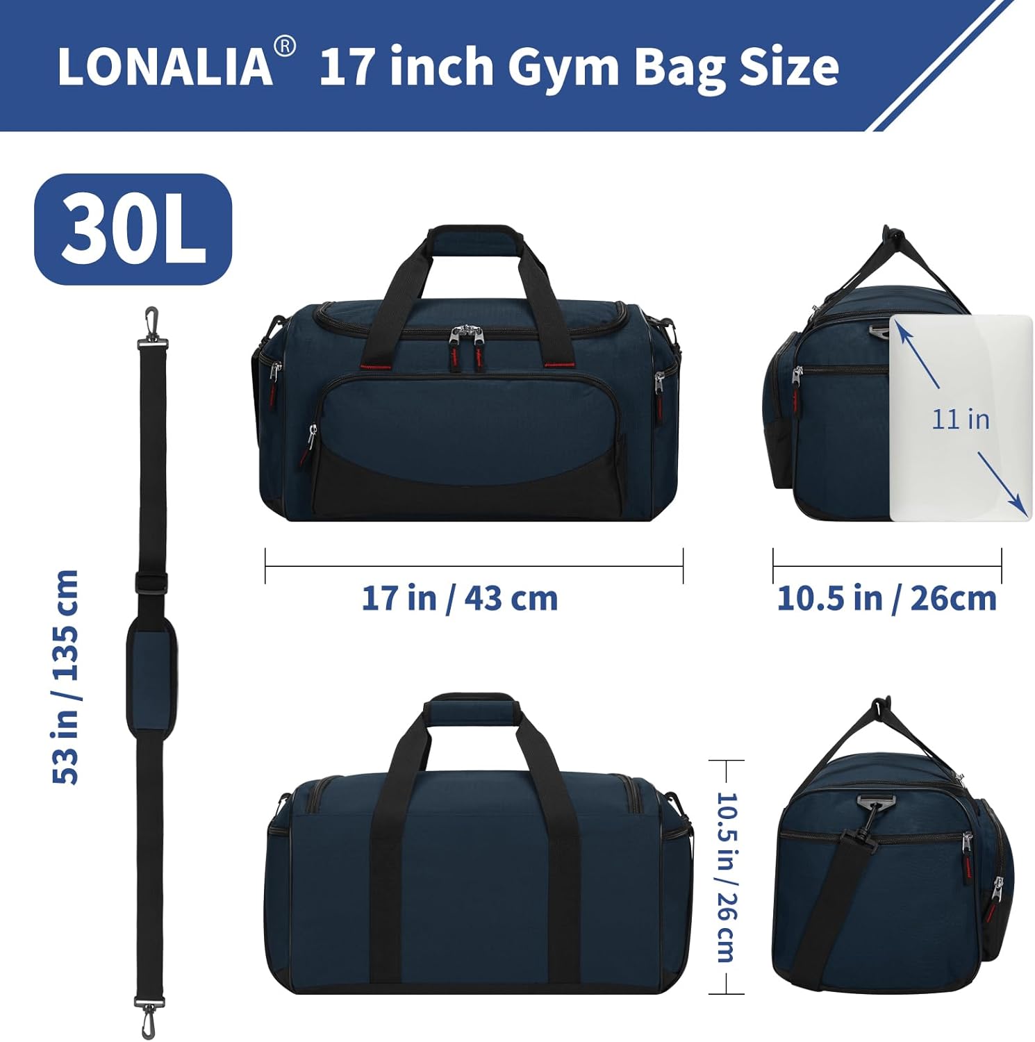 30L Gym Sport Duffle Bag - 17 inch Carry on Weekender Overnight Bag for Travel, Workout, Fitness (Navy Blue-30L)