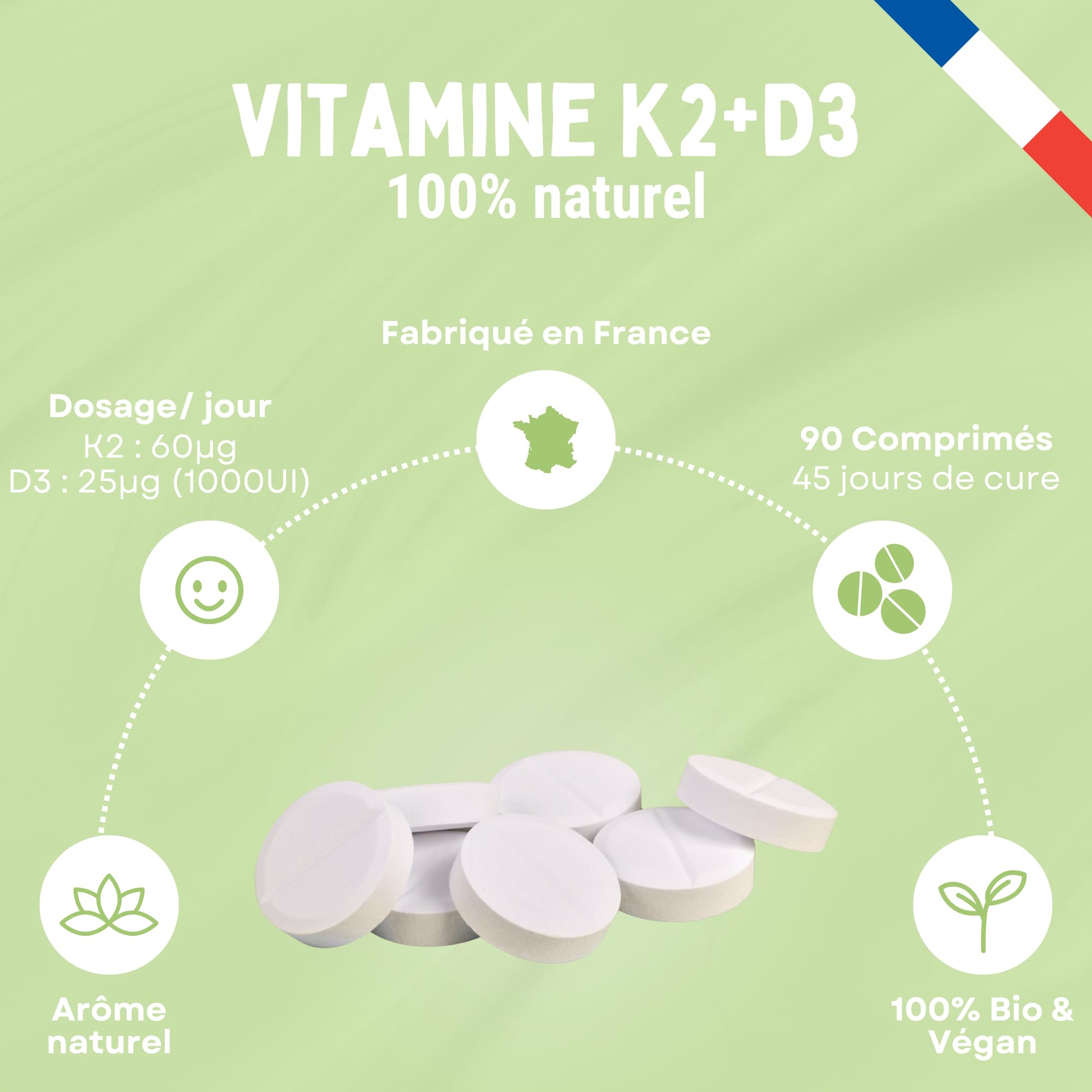 La K2-90 Comprimés à Croquer Citron Vert - Os, Dents & Immunité - Calcium - 45 Jours
