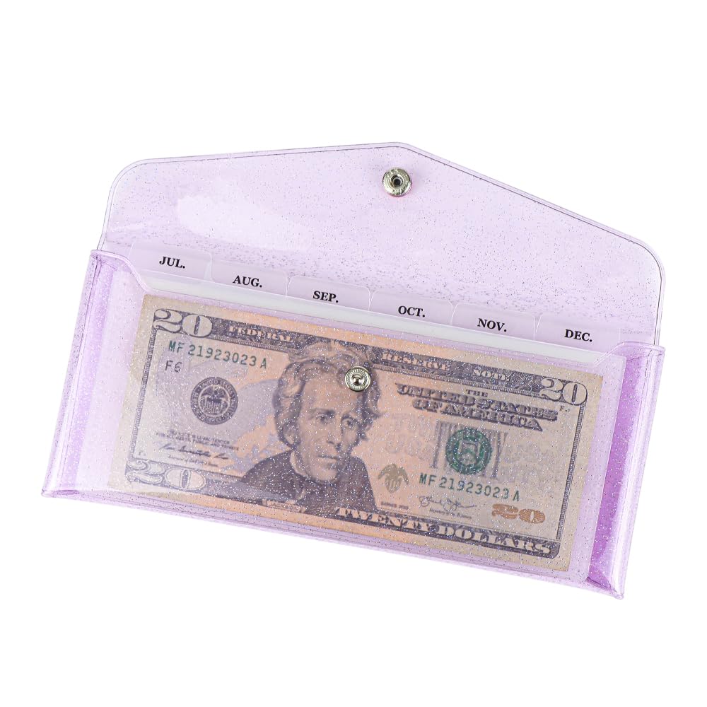 Purple Cash Envelope Wallet PVC Budget Wallets with PP Frosted Plastic Reusable Money Envelopes for Cash Pocket Tabs Dividers Month Label Stickers Planner Bill Receipt Invoice Holder Organizer