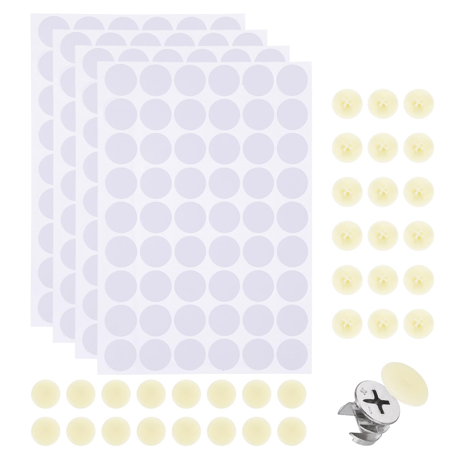 sourcing map 216Pcs Screw Hole Stickers and 200Pcs Screw Cover Caps, 16.5x6mm Dustproof Plastic Screws Hole Covers Phillips Caps Cam Lock Nuts for Furniture Cabinet Wardrobe, Ecru
