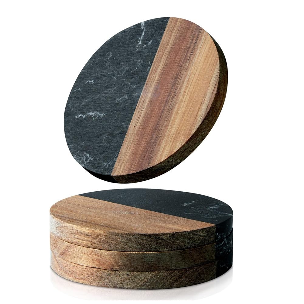 CTRLZS Coasters Set of 4 for Drinks,Marble-Wood Spliced Coaster for Tabletop Protection,Cup Holder Coasters for Multiple Cup