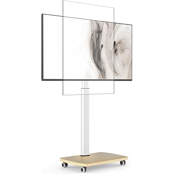 AOKCOS TV Stand Rollable with Wooden Shelf TV Stand with Wheels for 32-65 Inch Flat & Curved TVs up to 35 kg TV Floor Stand 90  Rotatable Height Adjustable Max VESA 400 x 400 mm White + Natural