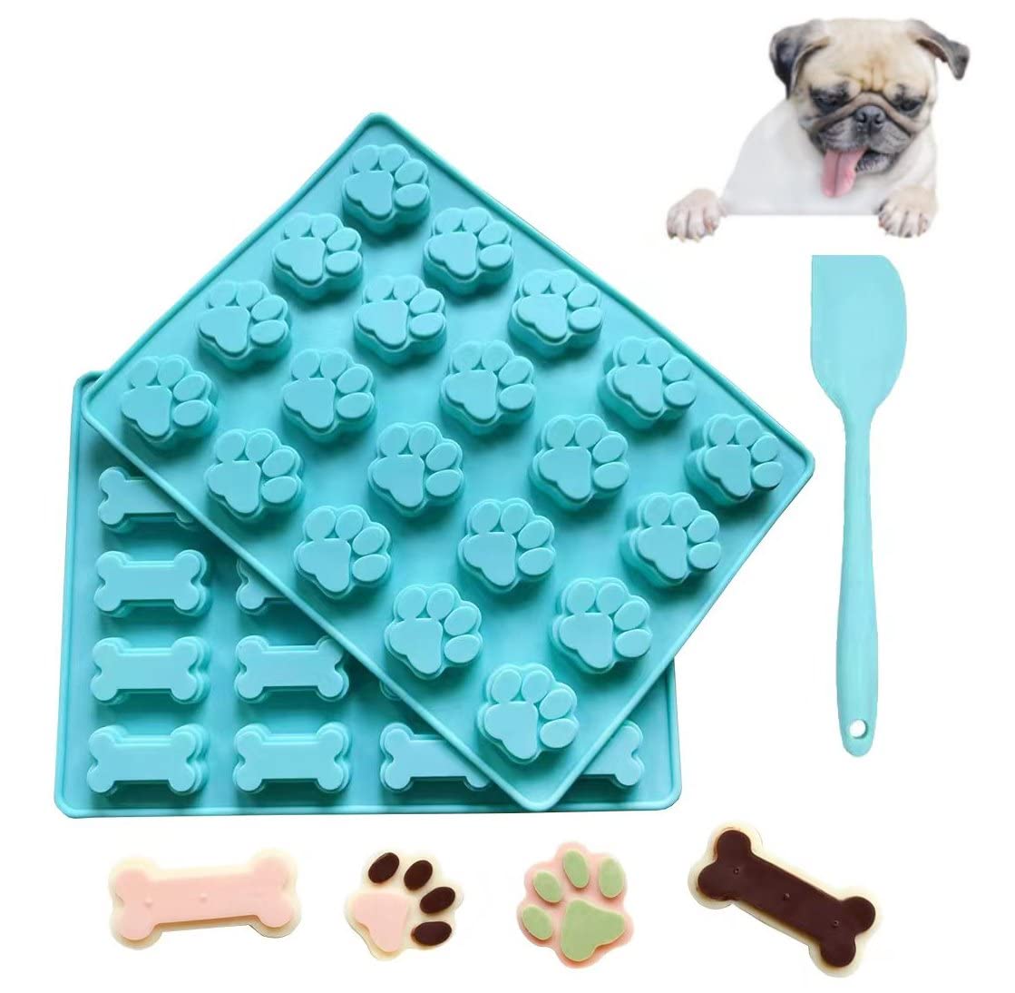 ARTIWARESET OF 3 Dog Treat Cookie Molds & Spatula: Paw & Bone Food Grade Silicone Trays Dog Pet Cookie Molds for making Chocolate Candy Cookie Ice Cubes LARGE SIZE red