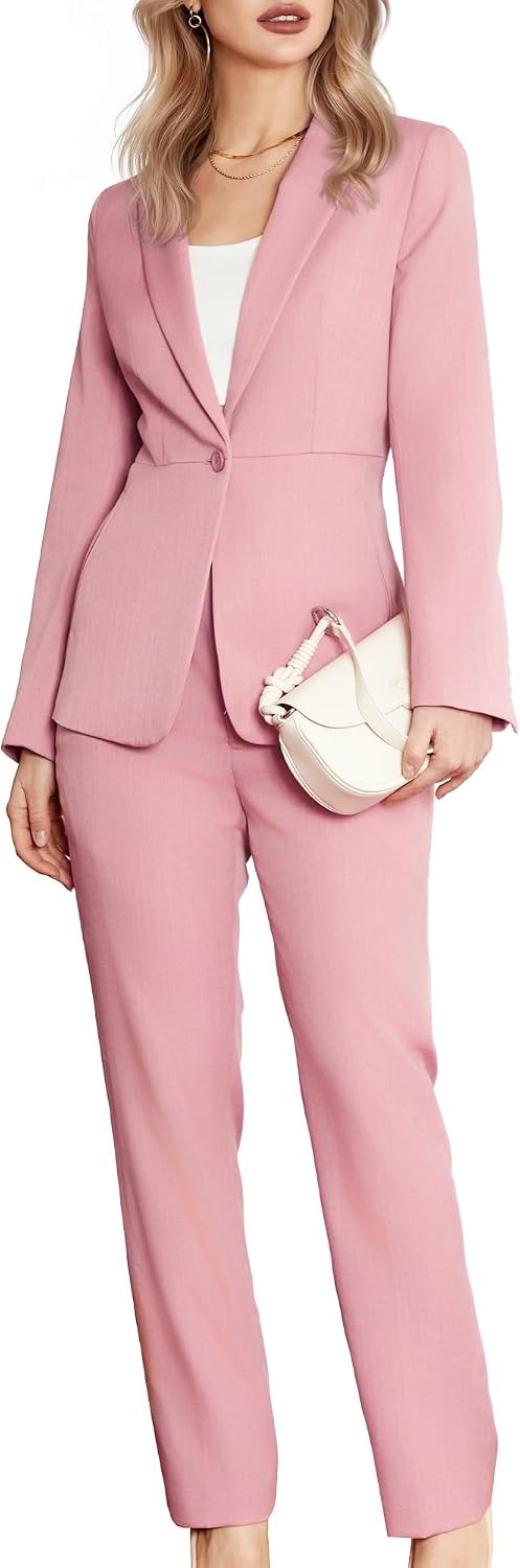Women’s 2 Piece Suit One Button Slim Fit Linen Casual Blazers Office Work Formal Blazer Suit Pants Set