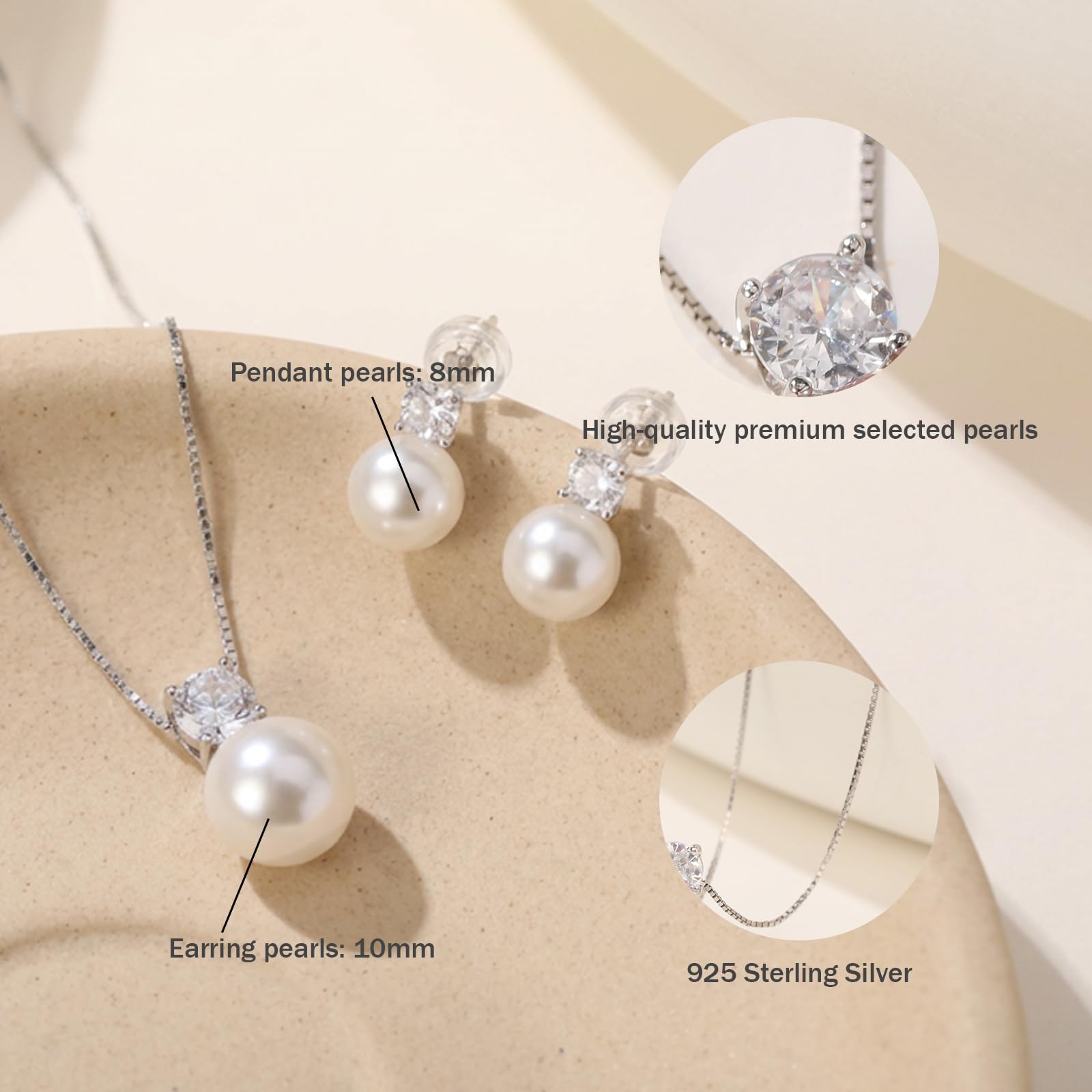 YAMI Collana di perle d'acqua dolce, in argento Sterling 925, con orecchini di perle abbinati, ciondolo con perle di zirconia cubica 5A, elegante collana a forma di clavicola, regalo di lusso per