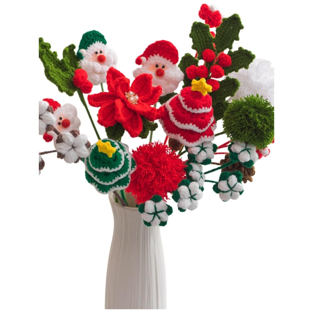 Bouquet de fleurs de Noël fait à la main en laine tricotée - Arrangement floral artificiel - Décoration de table de Noël - Cadeau unique fabriqué à la main pour la famille et les amis