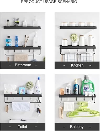 Miniatura 6 de Organizador de ducha negro de aleación de aluminio, organizador de ducha de baño de 15.74 pulgadas con 1 estante de torre y 5 ganchos, organizador