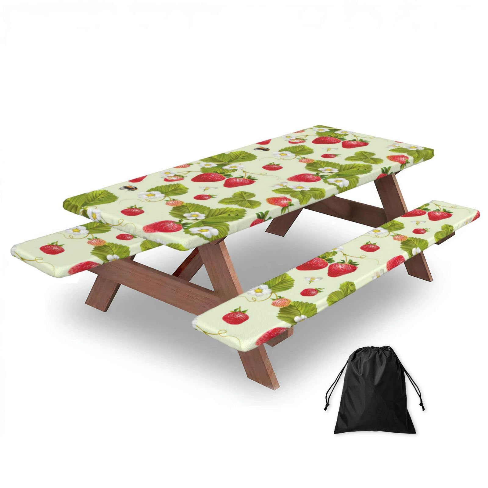 Zyjhyy Black Lovely Strawberry Print Party Table Covers With Bench Covers Set Of 3 Picnic Table Cloth Wipe Clean For Garden Camping