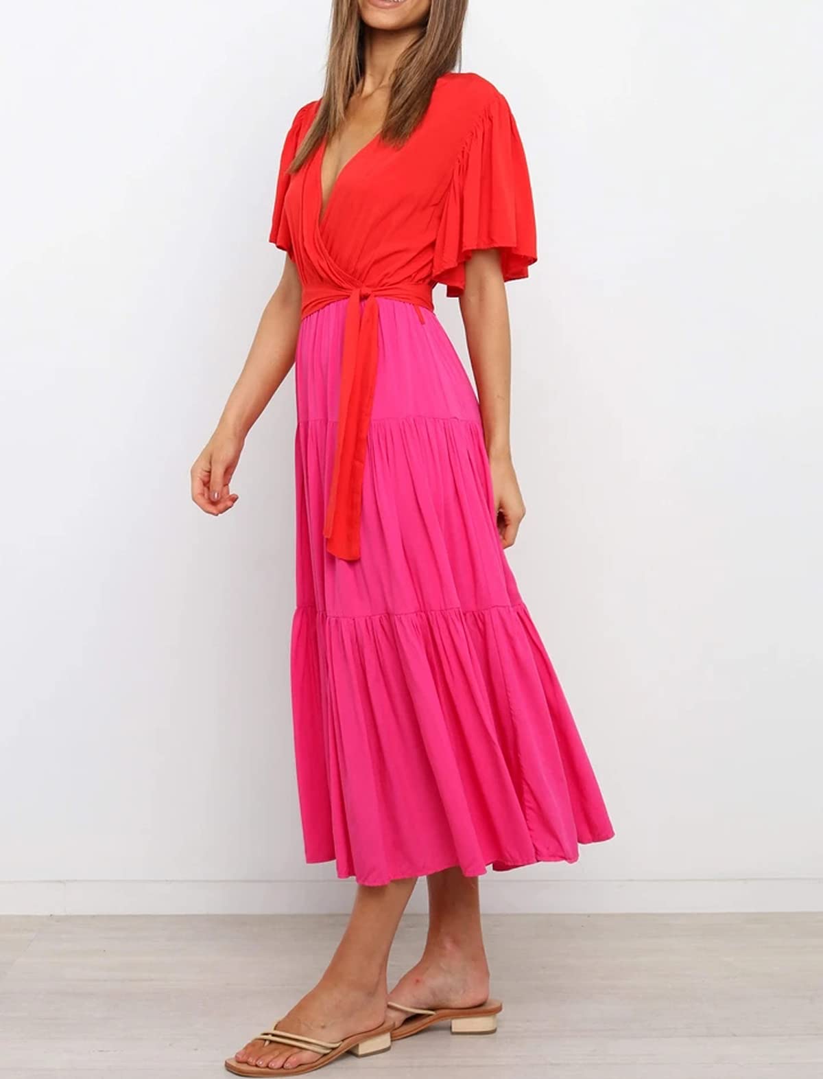 R.Vivimos Summer Dress for Women Cotton Ruffle Short Sleeves V Neck Casual Flowy Midi Dress with Belt