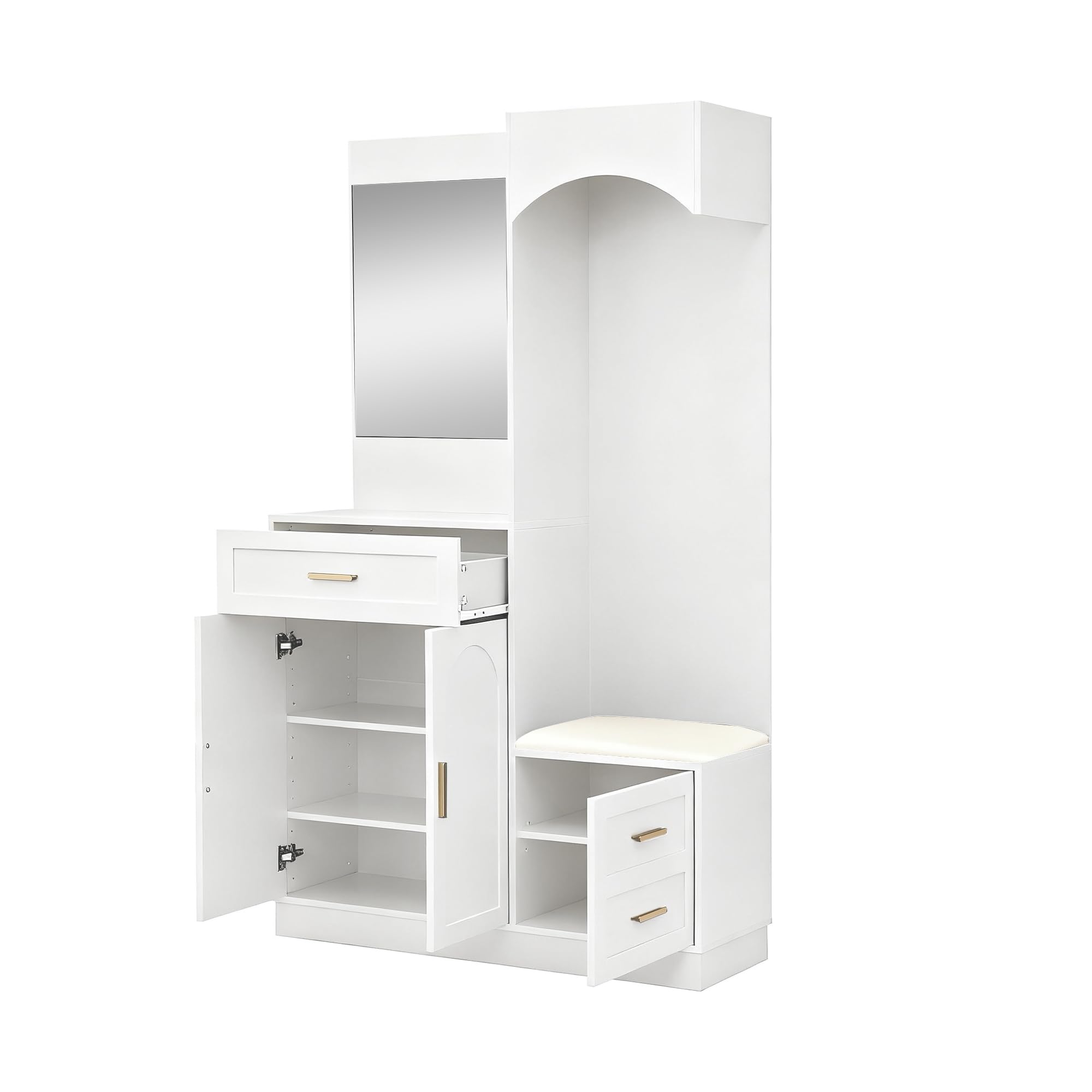 Armadio moderno e compatto, combinazione guardaroba e scarpiera, armadio da ingresso, scaffale multifunzionale con specchio