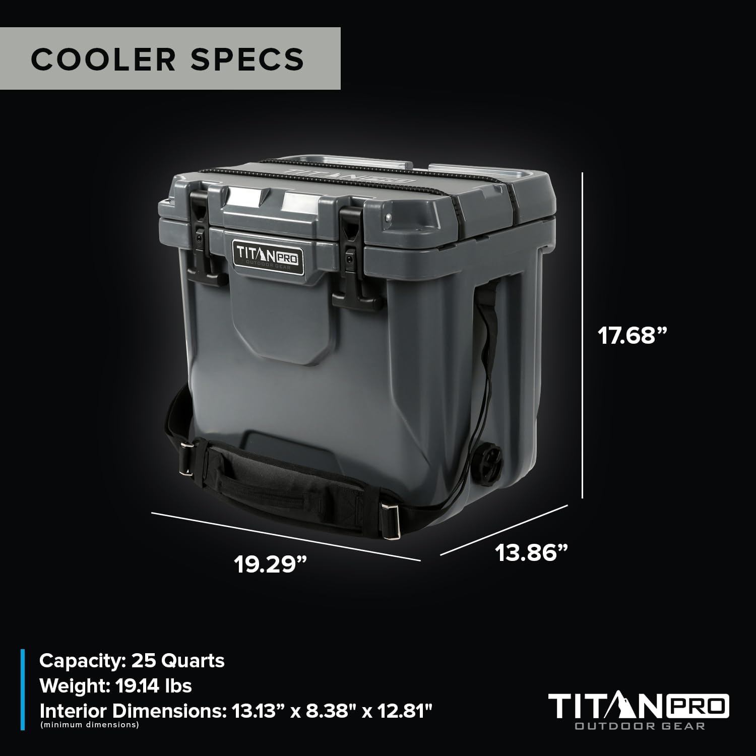 Titan PRO High Performance Ice Chest - 25 Quart Capacity - Hard Cooler with Interior LED Light, Ice Saver Performance Booster and Microban Protection - Granite Gray