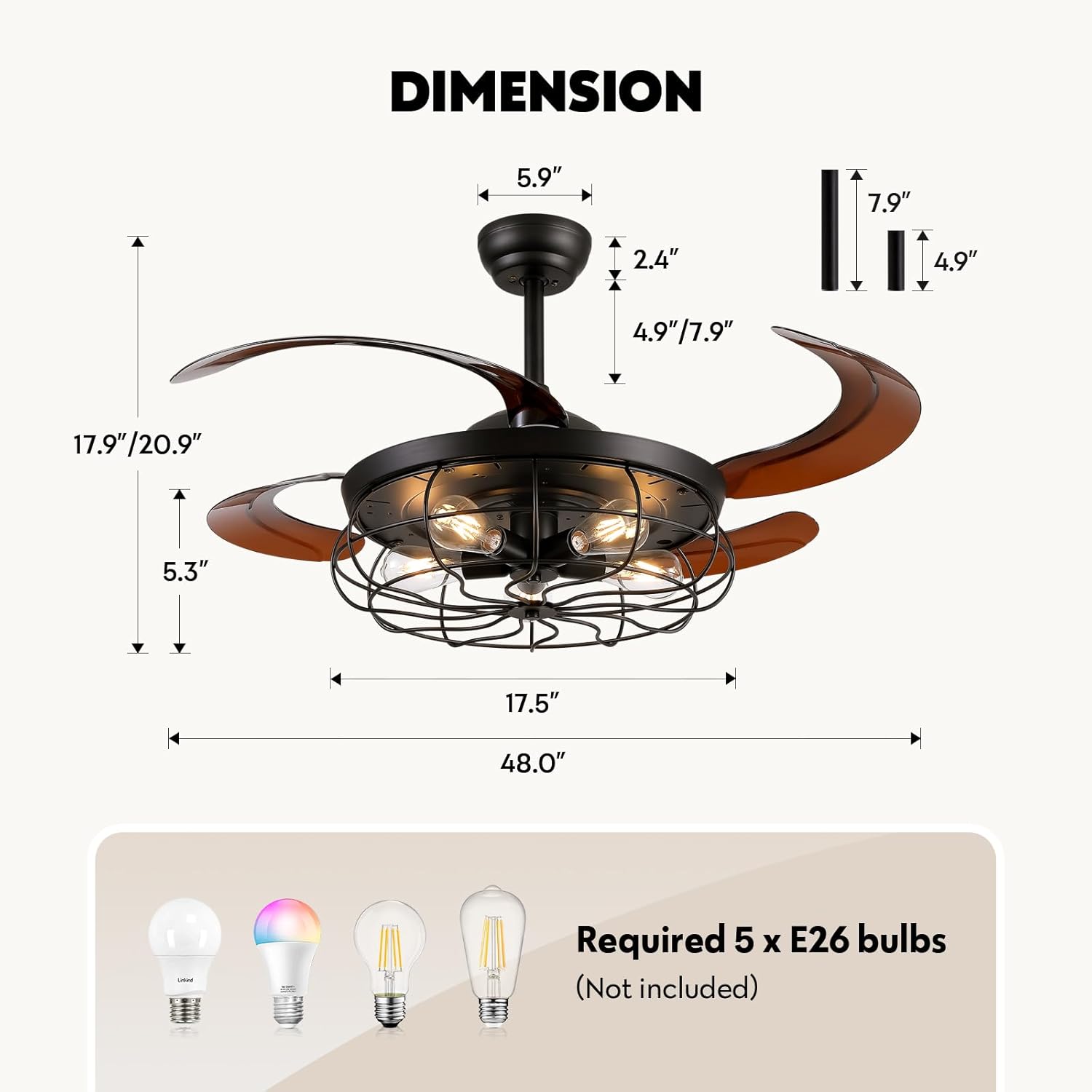 48" Industrial Caged Ceiling Fan with Light and Remote, Vintage Retractable Blades Ceiling Fan with Lights, Farmhouse Black Fandelier for Bedroom Living Room Dining Room