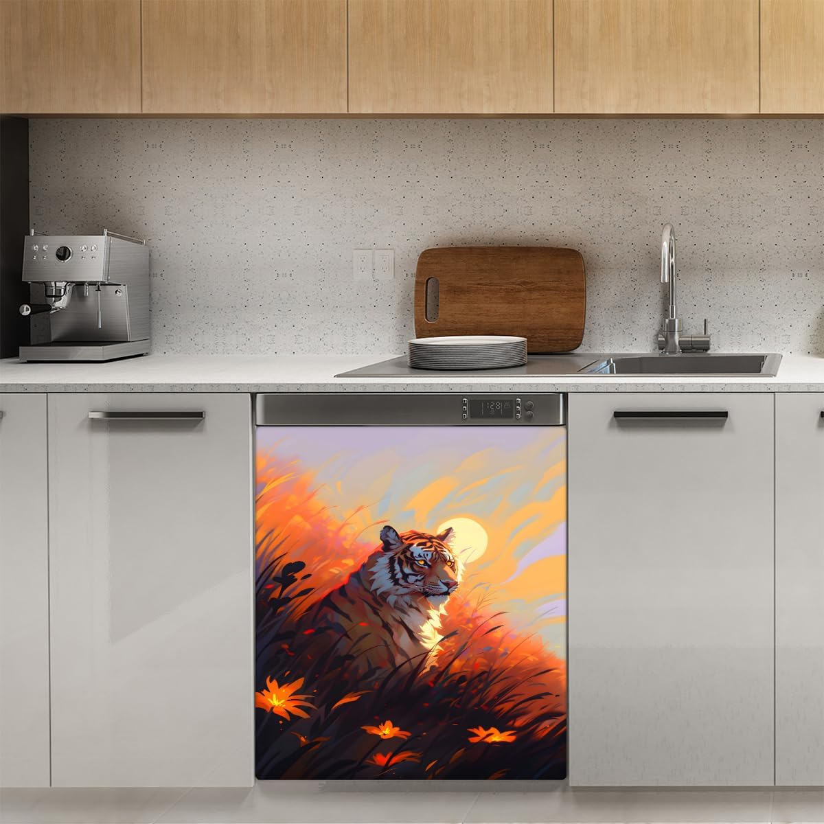 Dishwasher Magnetic Cover, Tiger Looking into The Distance Sunset Watercolor Magnetic Dishwasher Sticker Cover, 23" X 26" Magnetic Cover for Dishwasher Kitchen Art Decor
