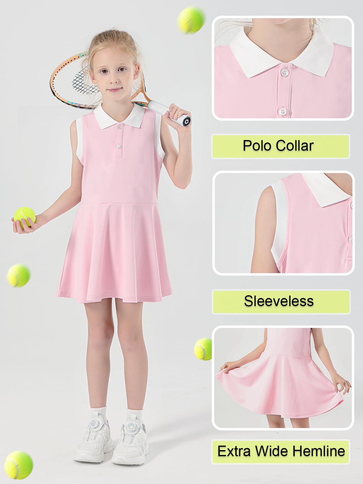 Vestido de Tenis para Niñas con Separados Pantalones Cortos Bolsillos Vestido Deportivo sin Mangas Polo Vestido de Golf 5-15 años