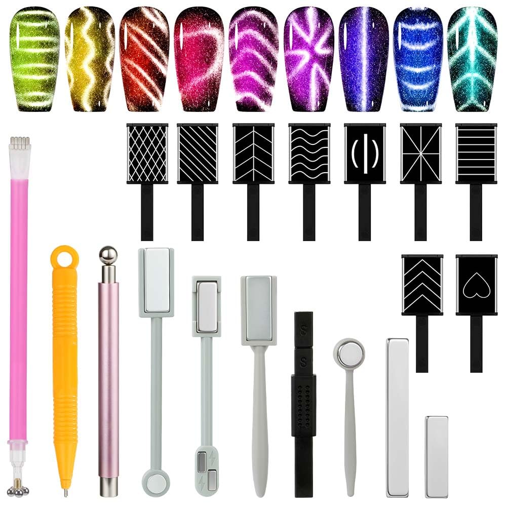 Vicloon Magnetico Stick Magnete per Unghie, 19 Pezzi Cat Eye Magnete Bastone per Unghie Set, Penne magnetiche per Unghie a Doppia Testa, per un Effetto 3D Occhio del Gatto, per Smalto Occhi di Gatto
