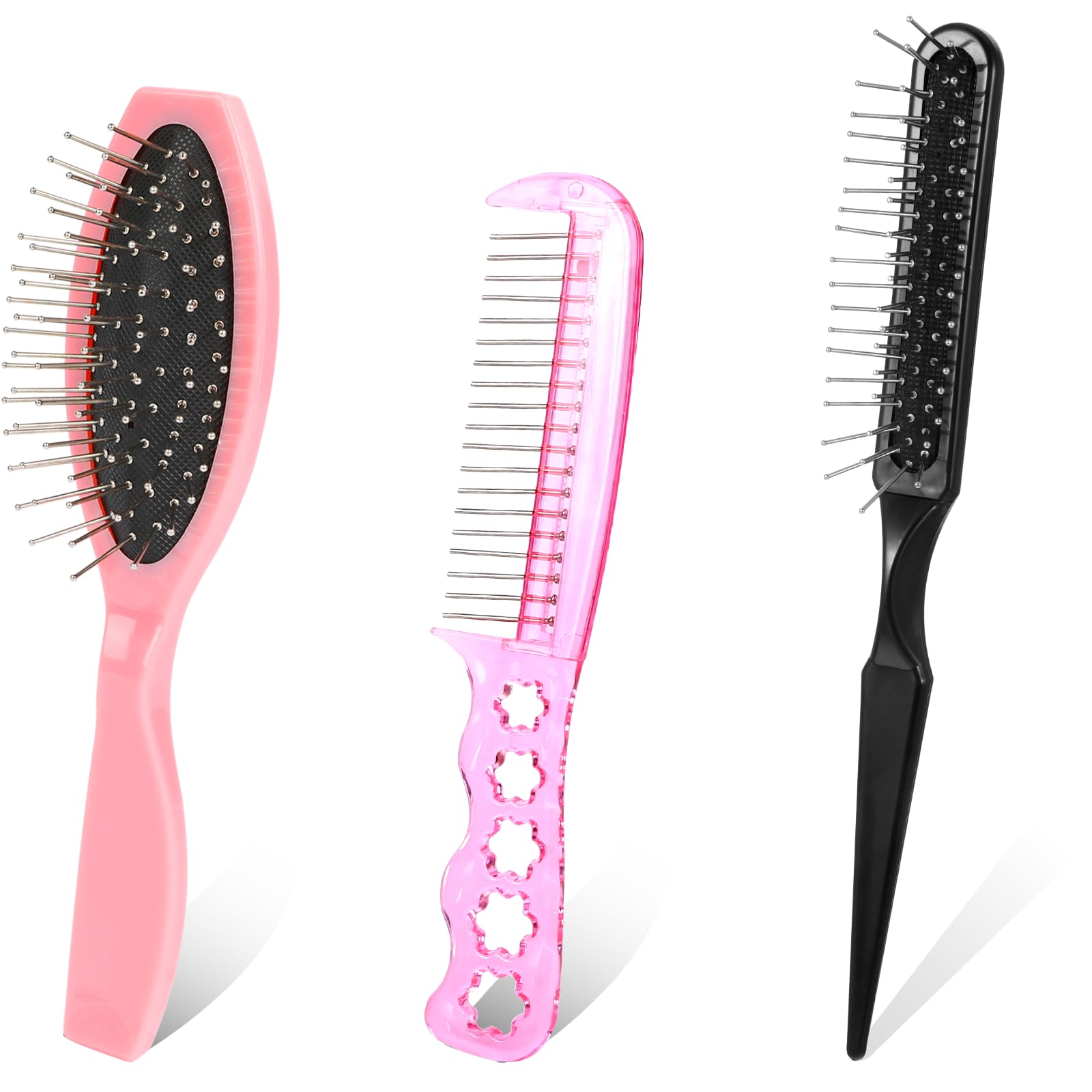 Wig Brushes for Synthetic Hair, 3 PCS Stainless Steel Wire Hair Brush Wig Extension Brushes Portable Synthetic Wigs Comb Metal Bristle Hairbrush for Women Girls, Pink