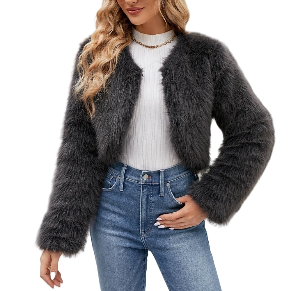Abrigo De Piel Sintética para Mujer Top Corto De Piel Sintética De Invierno Ropa De Abrigo De Manga Larga Cárdigan Peludo Y Cálido De Felpa Chaqueta De Felpa con Cuello Redondo para Mujer