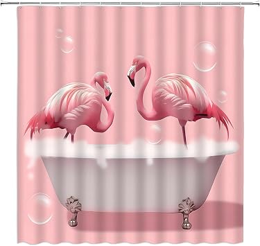 Pink Flamingo Shower Curtain Tropical Cute Animal Funny Bubble Fabric Bathroom Decor Set with Hooks,70" WX70 H