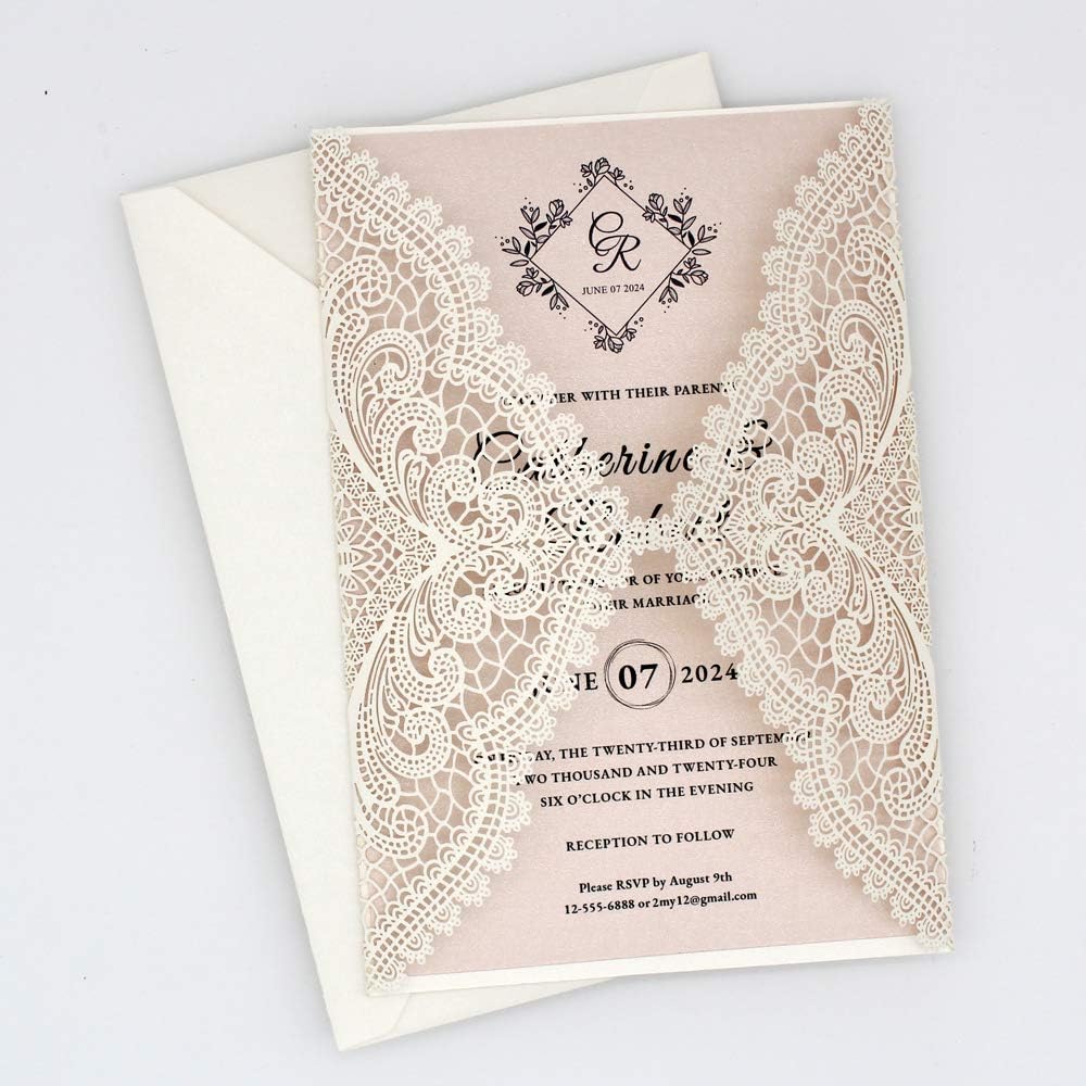 25-Pack White Lace Laser Cut Wedding Invitations with Blush Pink Shimmer Insert, Elegant Invite Cards for Wedding/Sweet Sixteen/Baby Shower/Bridal Shower/Birthday Party