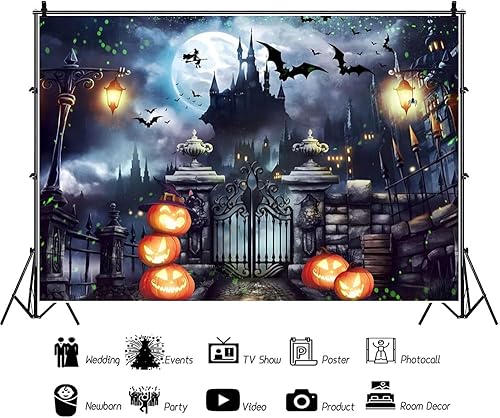 Miniatura 3 de Renaiss Telones de fondo horribles de Halloween de 7 x 5 pies para fotografía de noche oscura, castillo de brujas, fondo de Halloween, murciélago,