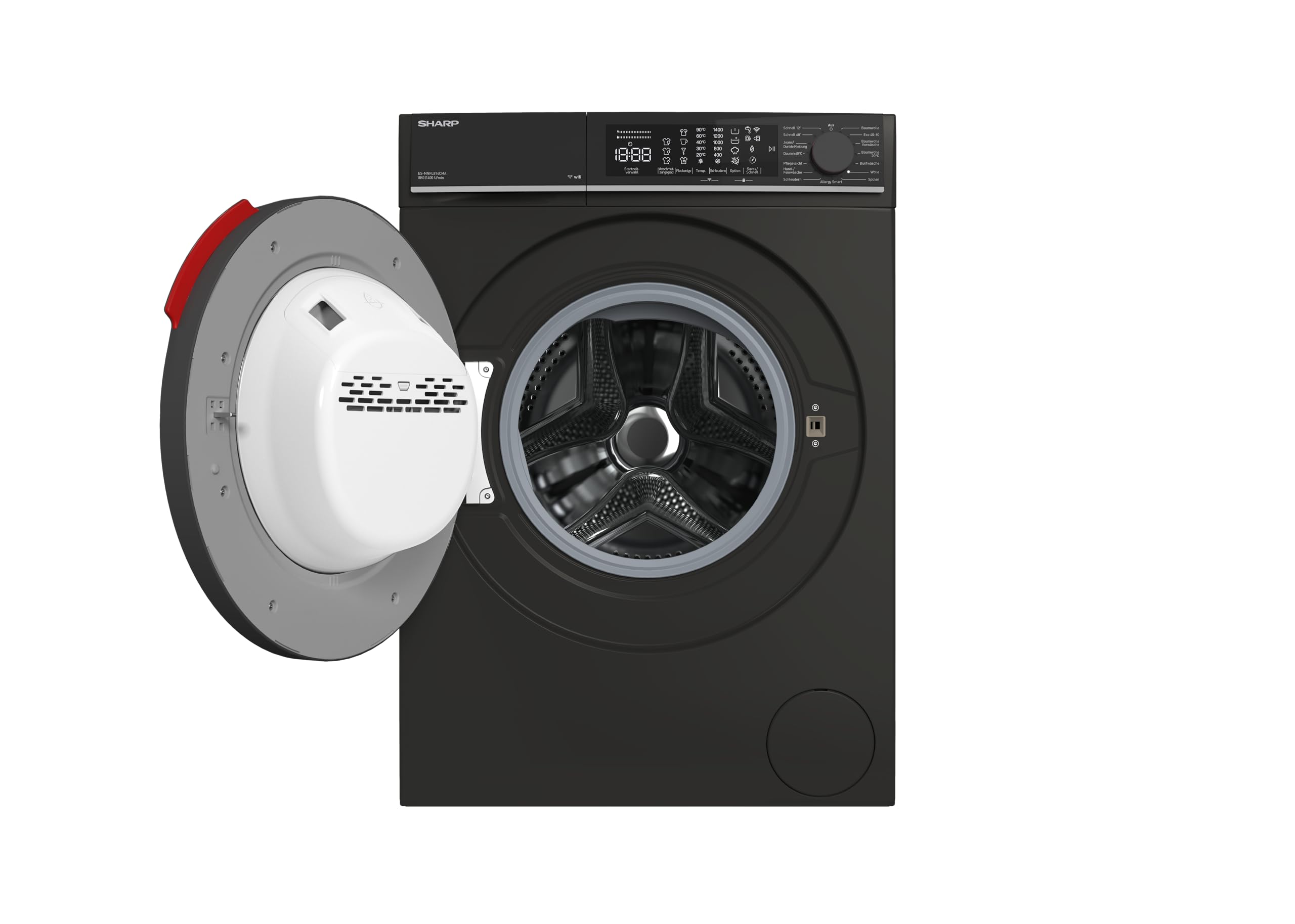 SHARP ES-MNFL814CMA-DE Waschmaschine Frontlader 8 kg, Energieeffizienzklasse A, 1400 U/min, Inverter Motor, AquaStop, Dampffunktion, MicroFiber-Filter, LED Touch Display – Mattschwarz