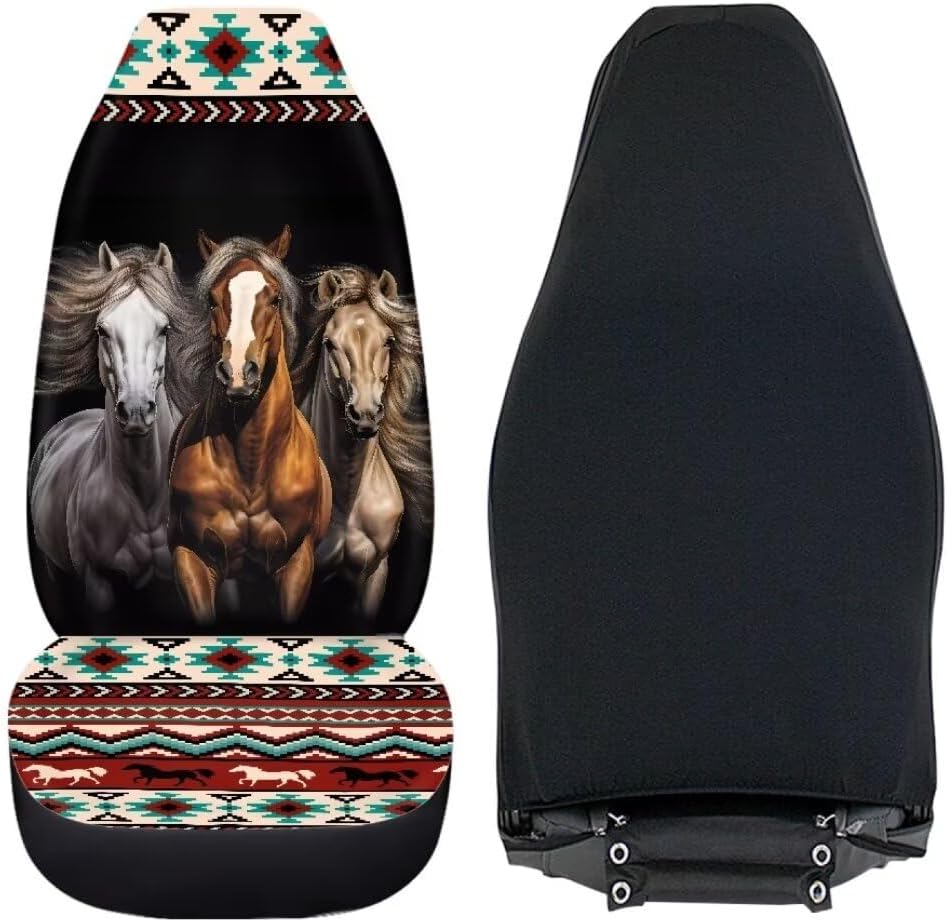 Three Horses Front Car Seat Covers Set of 2 Aztec Geometry Front Seat Protector for Men Women Full Wrapping Edge Seat Covers Universal Fit for Most Cars