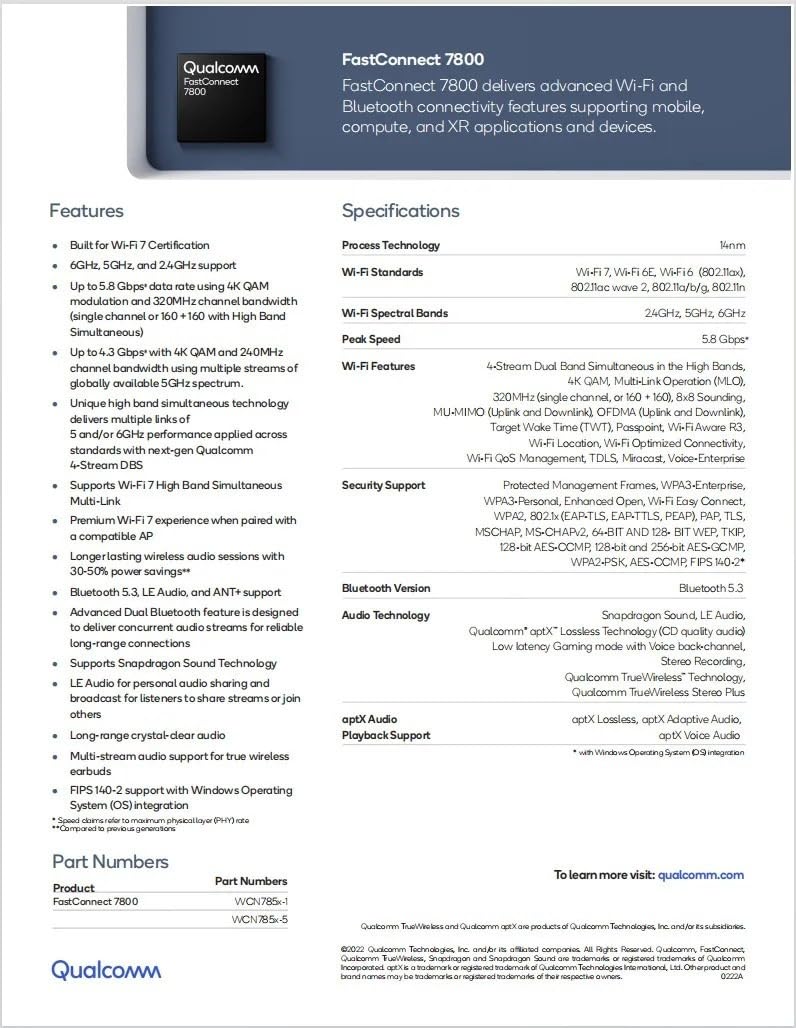 WiFi 7 QCNCM865 WI-FI 7 BT Combo módulo Bluetooth 5.3 Up to 5.8Gbps with 4K QAM, Wi-Fi 7 Wi-Fi 6E Wi-Fi 6 802.11ax(QCNCM865)