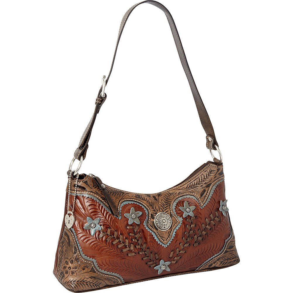 American West Hand Tooled Handcrafted 100 Genuine Leather Zip-Top Shoulder Bag Purse for Women Desert Wildflower Collection Western