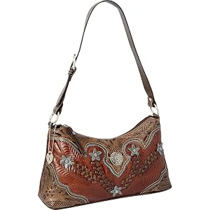 American West Hand Tooled Handcrafted 100 Genuine Leather Zip-Top Shoulder Bag Purse for Women Desert Wildflower Collection Western