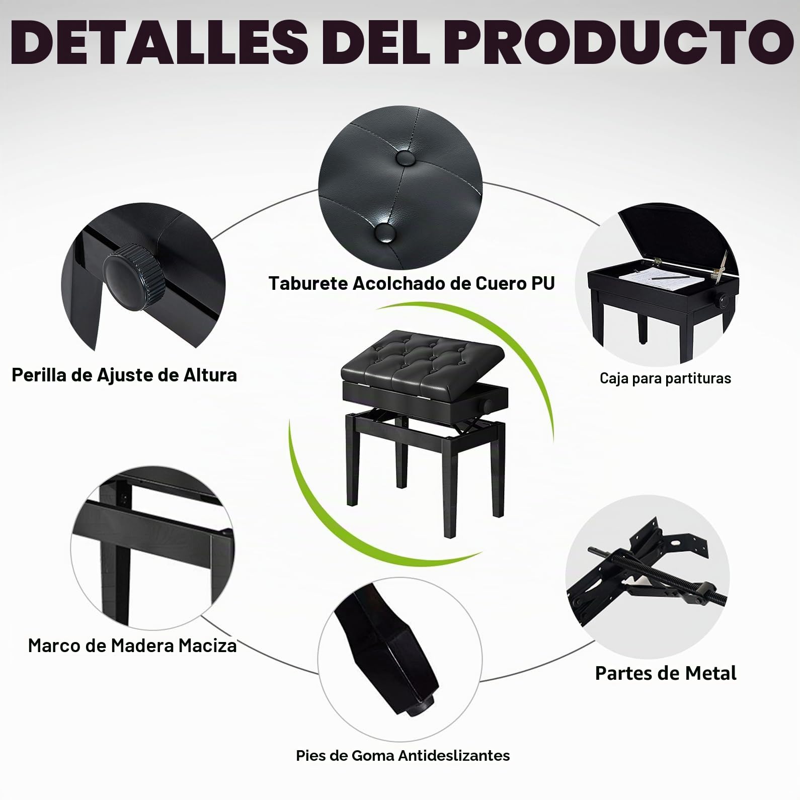 Banqueta Piano Botón de cuero PU negro,silla piano,banqueta piano regulable altura,banco piano de con compartimento almacenamiento,retro de madera maciza y ergonómico keyboard seat banco de piano