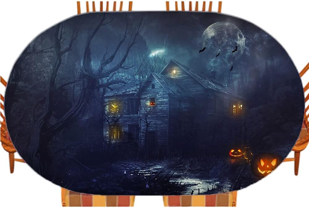 Halloween Oval Table Cloth, Halloween Style Pattern, Indoor Dining and Outdoor Patio Festival Use, Fits 48" x 72" Table