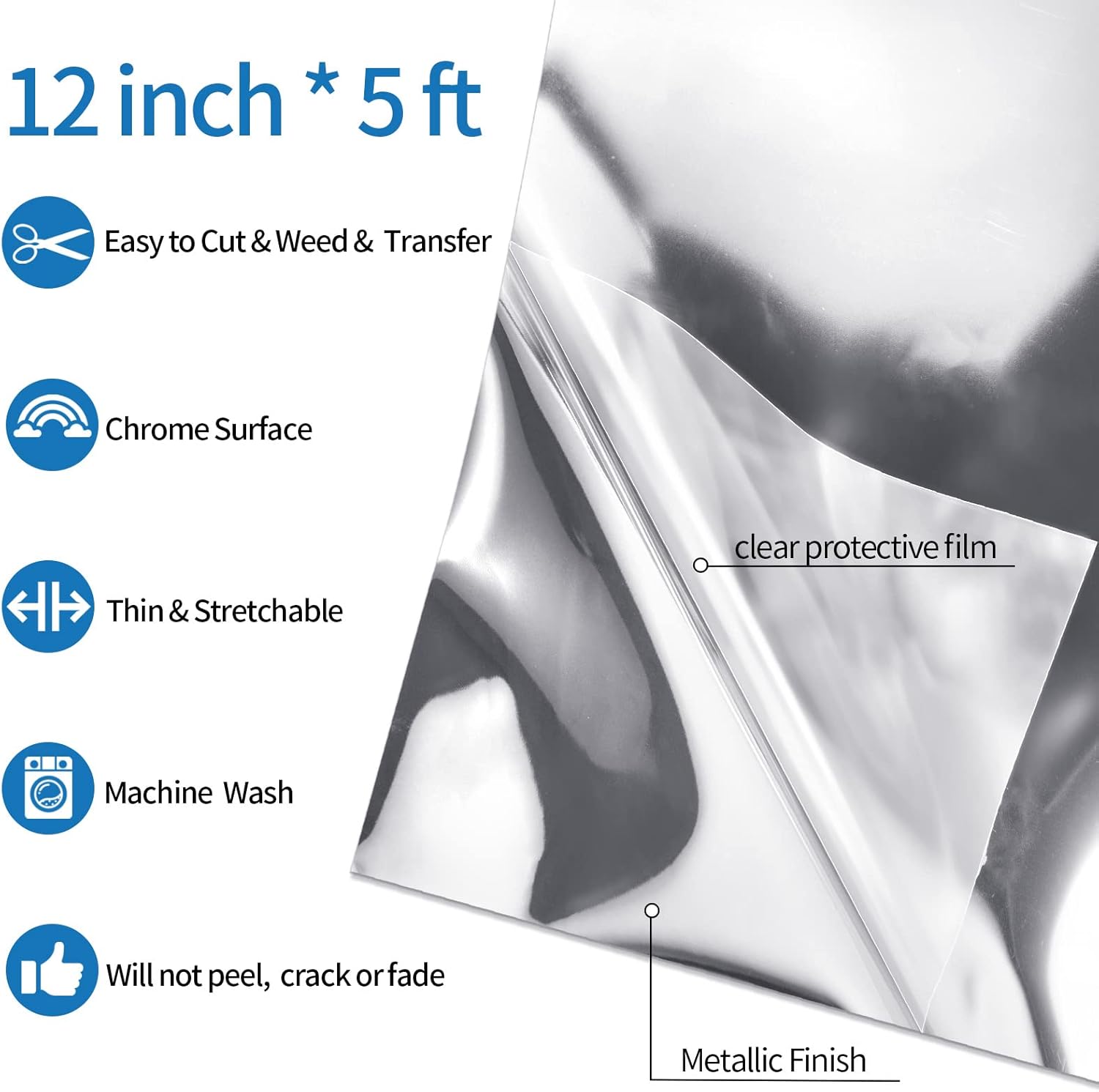 (Similar to) VINYL FROG Silver Metallic Foil Heat Transfer Vinyl 12\" x5ft Silver HTV Vinyl Roll Chrome Iron on Vinyl Easy to Cut & Weed DIY Heat Press Design for T-Shirts 12\"x5ft Silver