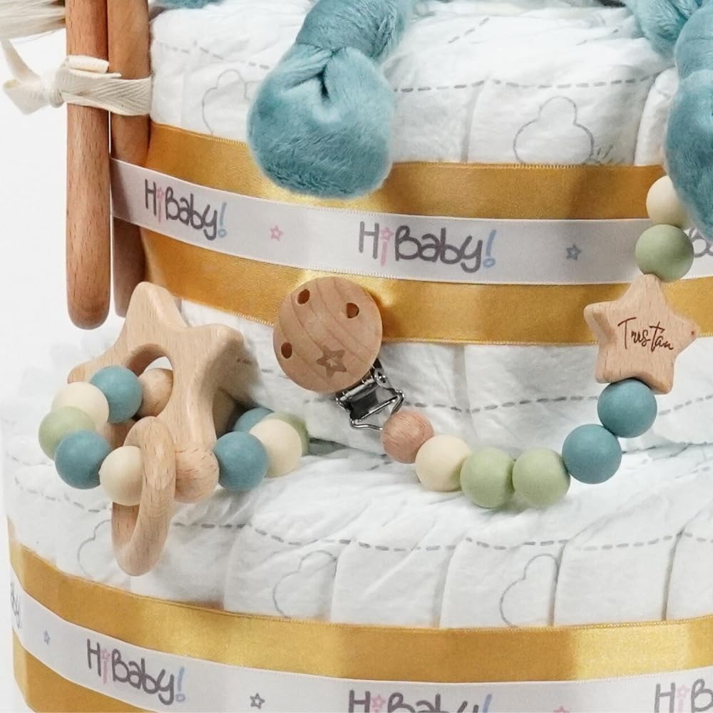 Tarta de pañales personalizada para bebé Baby Lion, Regalo Original para Baby Shower, Recién Nacido, Bautizo, Pañales D. Sensitive, Pastel de pañales