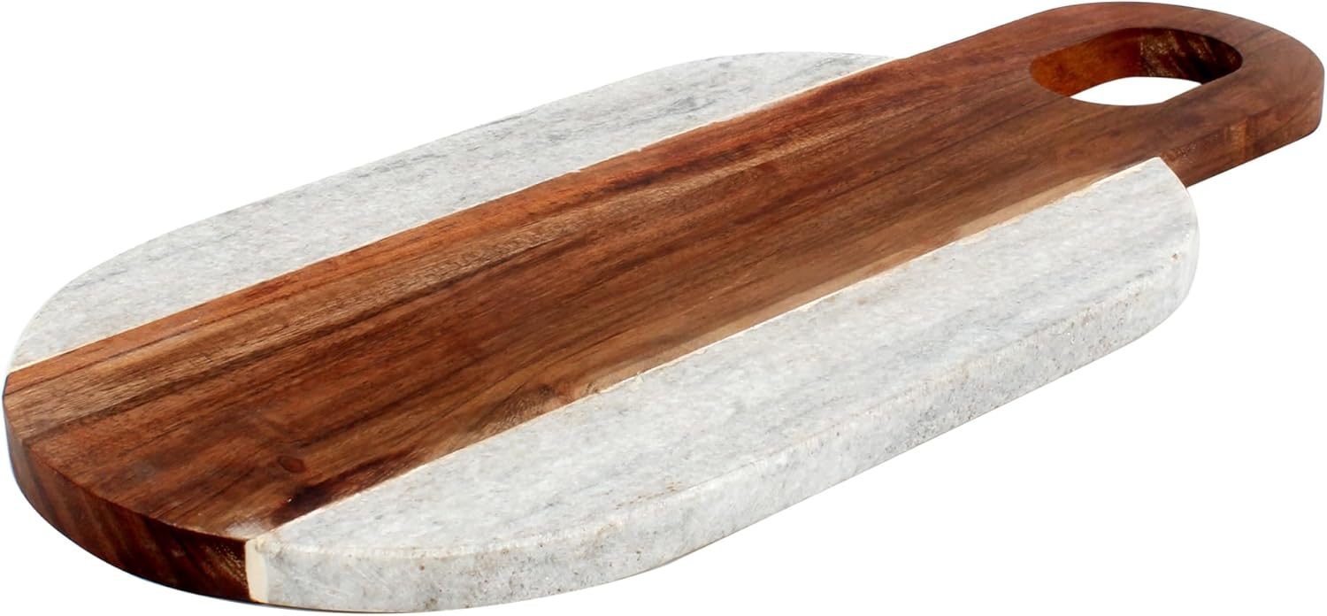 Handmade Acacia Wood Cutting Board with Marble Accent, Cheese & Charcuterie Serving Board with Handle